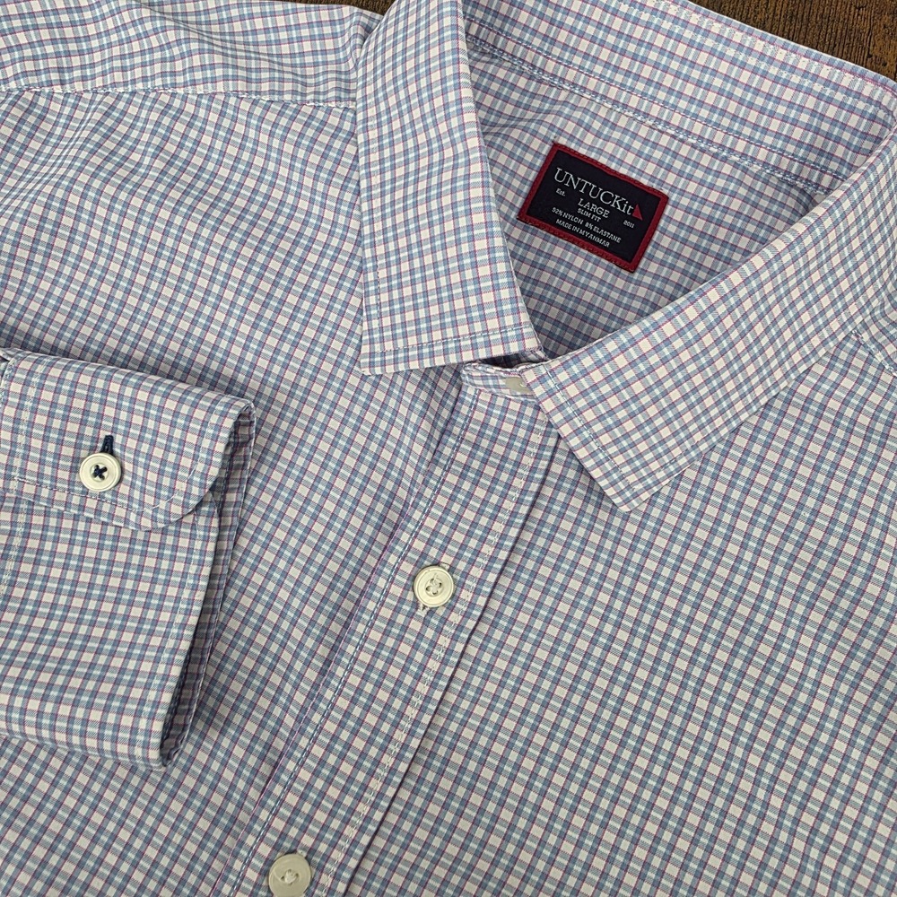 UNTUCKit Dalton LS Button Up Nylon Perf. Blue White Pink‎ Plaid Men's L Slim